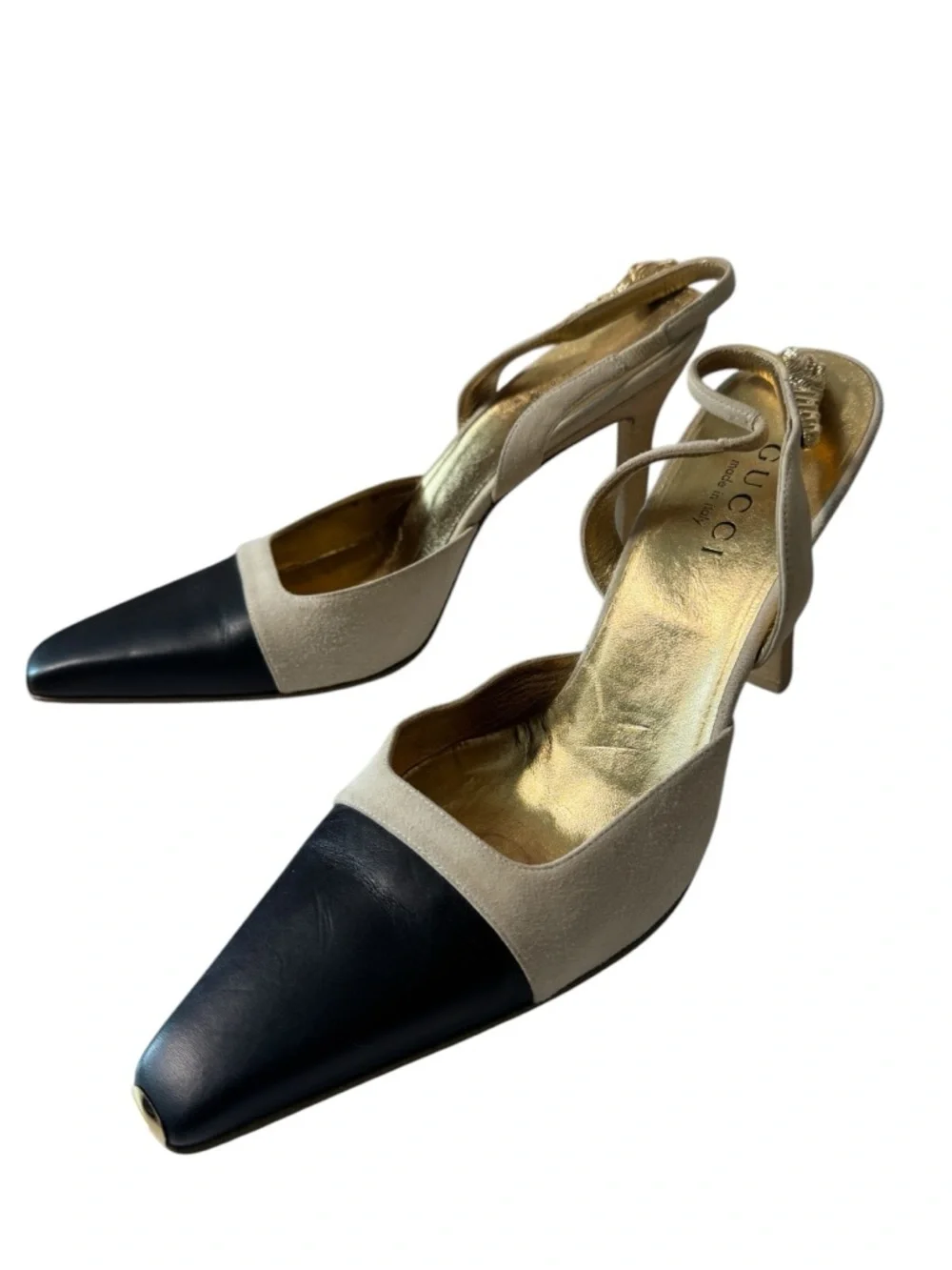 Gucci Two-Tone Slingback Pumps in Beige and Black with Gold Interior - Picture 9 of 11